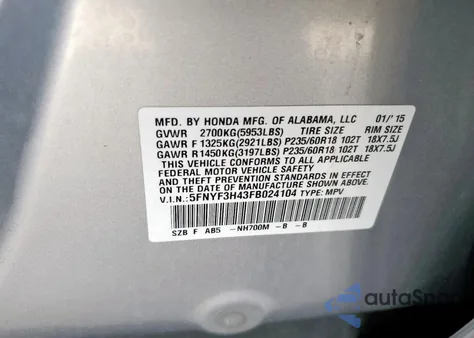 2015 Honda Pilot Ex из США, поврежденный, VIN 5FNYF3H43FB024104